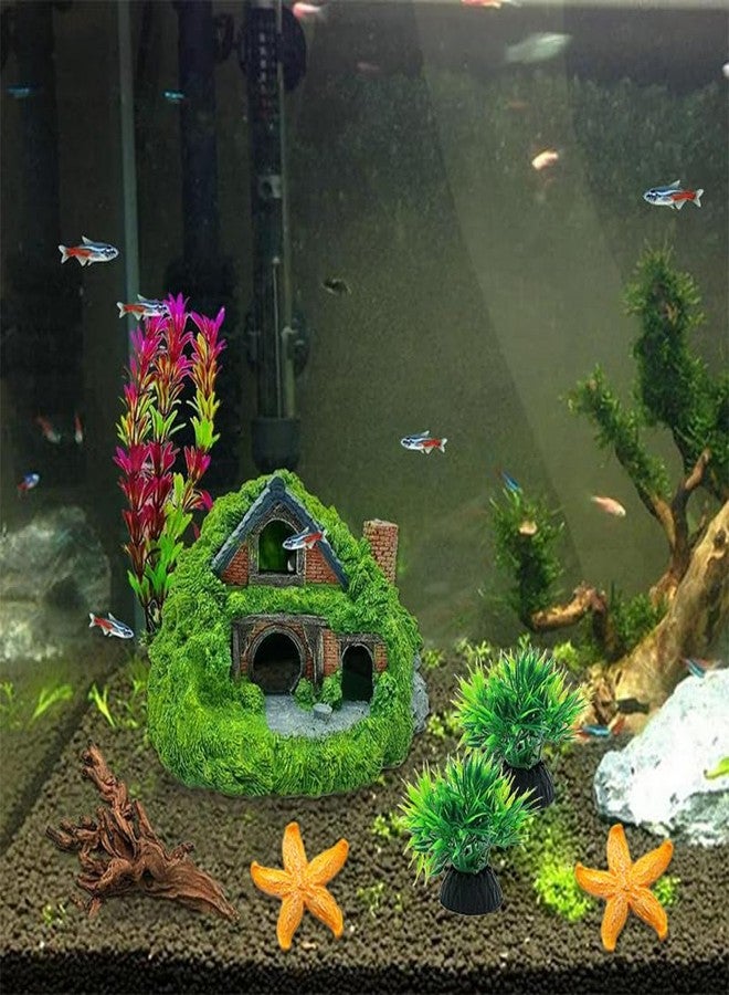 GOFYLIN Fish Tank Decorations kit, Aquarium Decor Hobbit House x 1pc, Fish Tank Accessories Aquatic Plants x 2pcs, Starfish x 2pcs. - Image 2